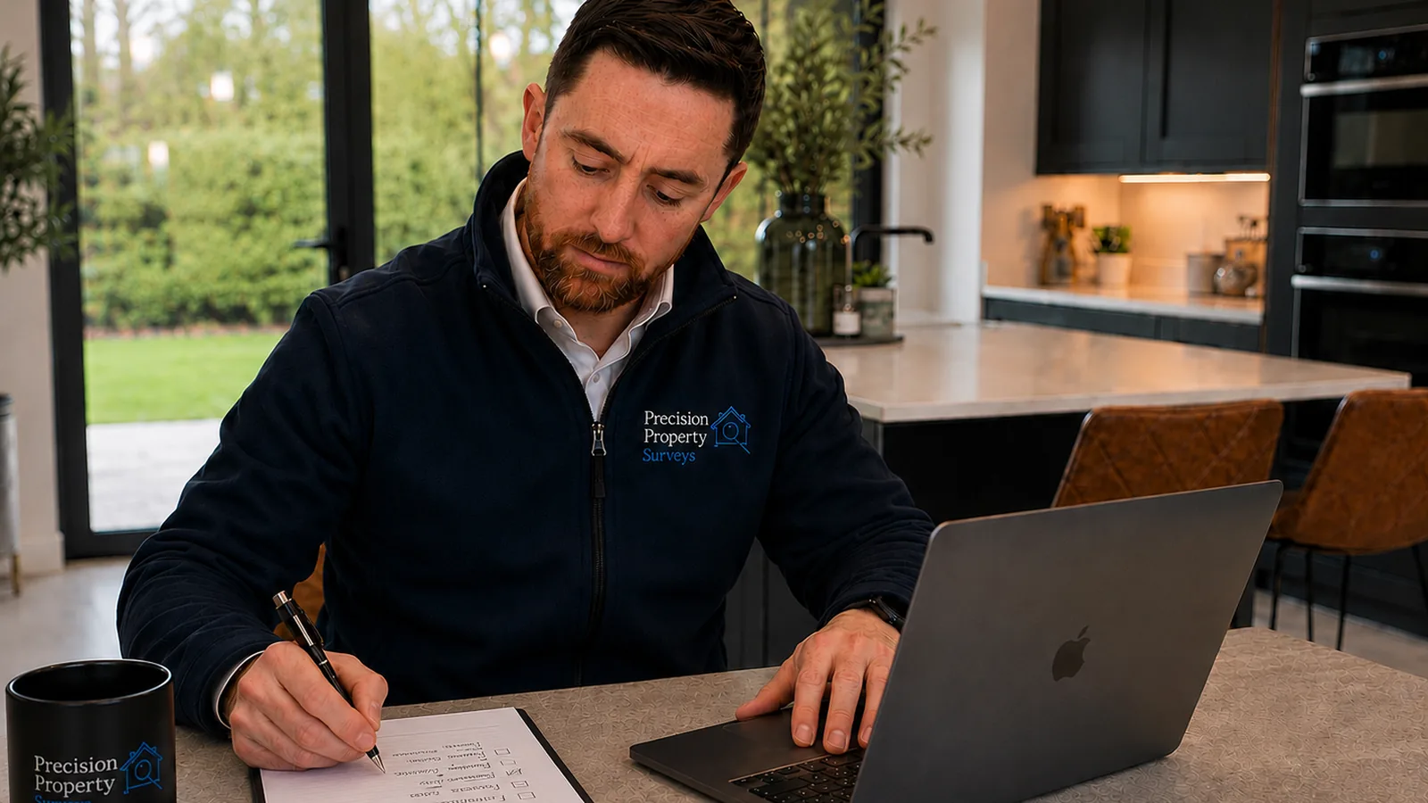 Christopher Knipe preparing a digital inspection report on a laptop after a survey