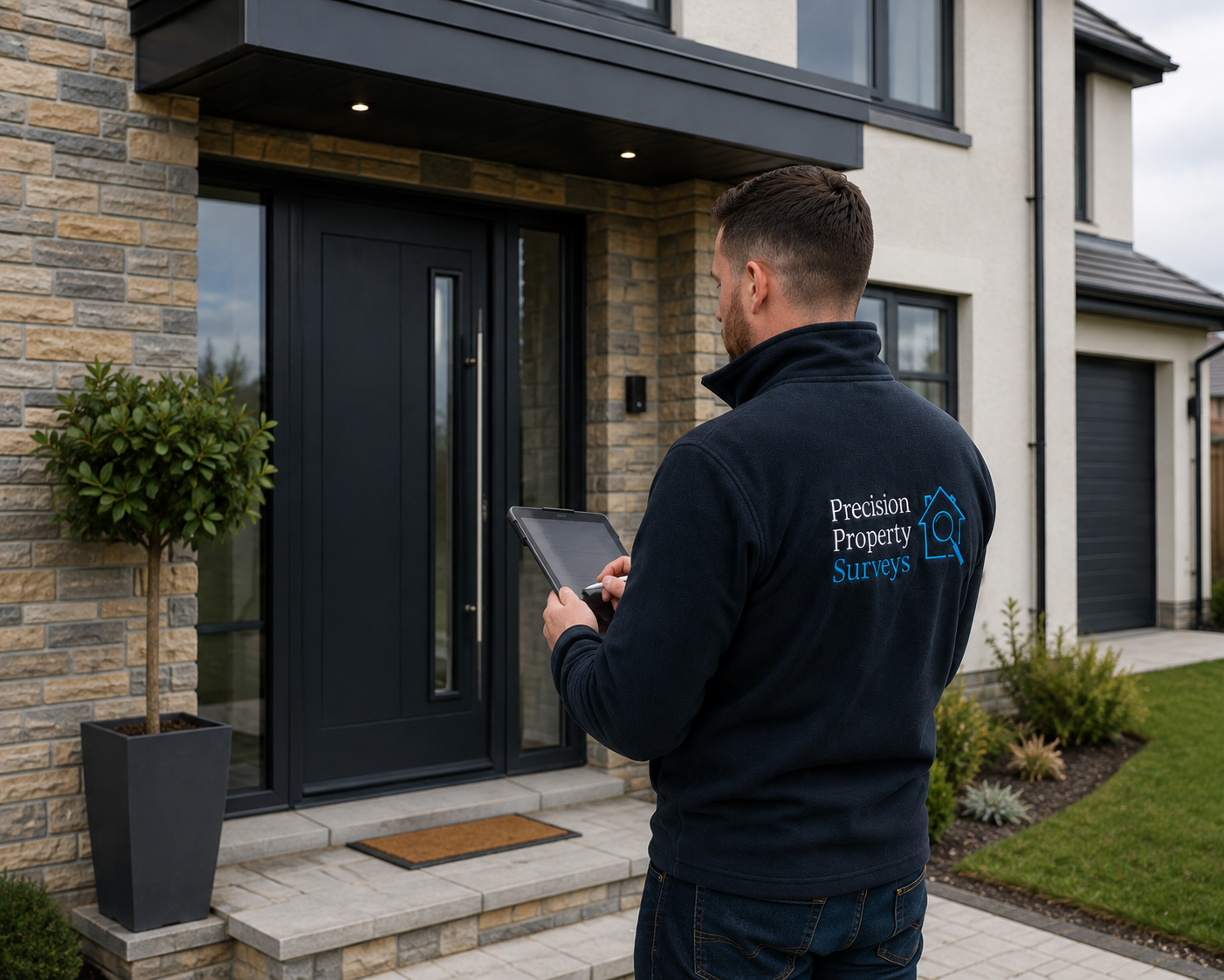 Surveyor with a tablet at the front door of a completed new build home