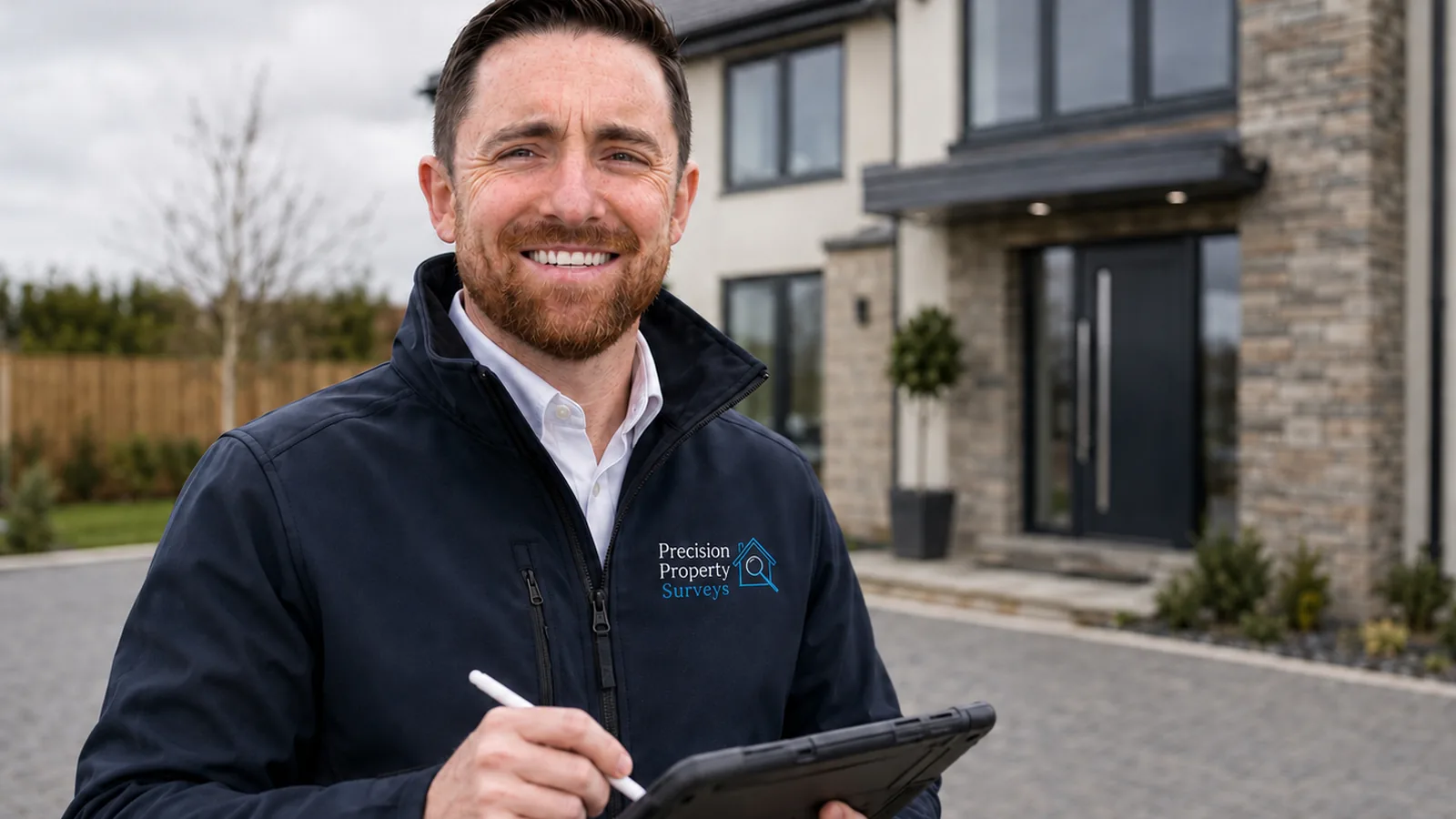 Christopher Knipe with his inspection tablet outside a premium new build home
