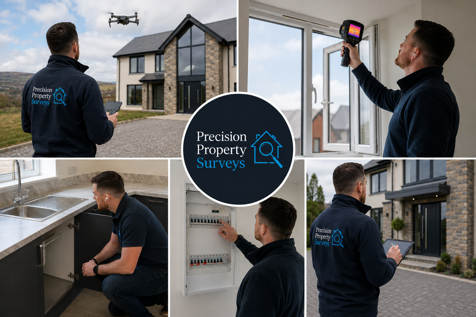 Precision Property Surveys inspection in progress — drone roof survey, thermal imaging, electrical and kitchen checks, and tablet reporting