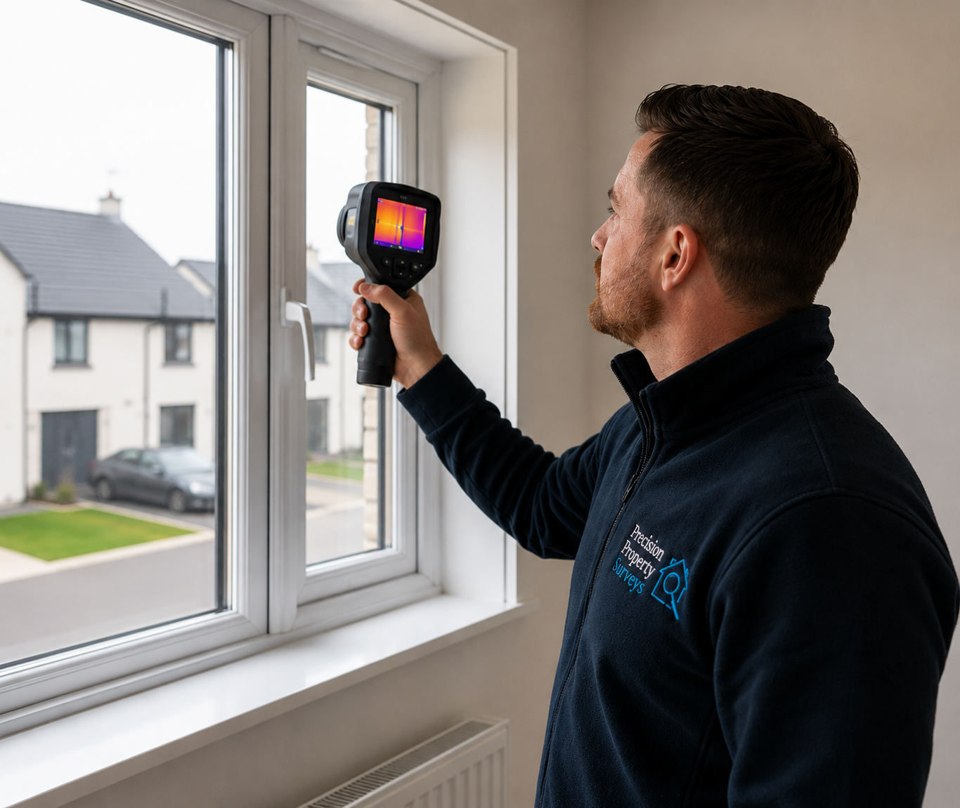 Surveyor carrying out a thermal imaging survey around a window in a new build home