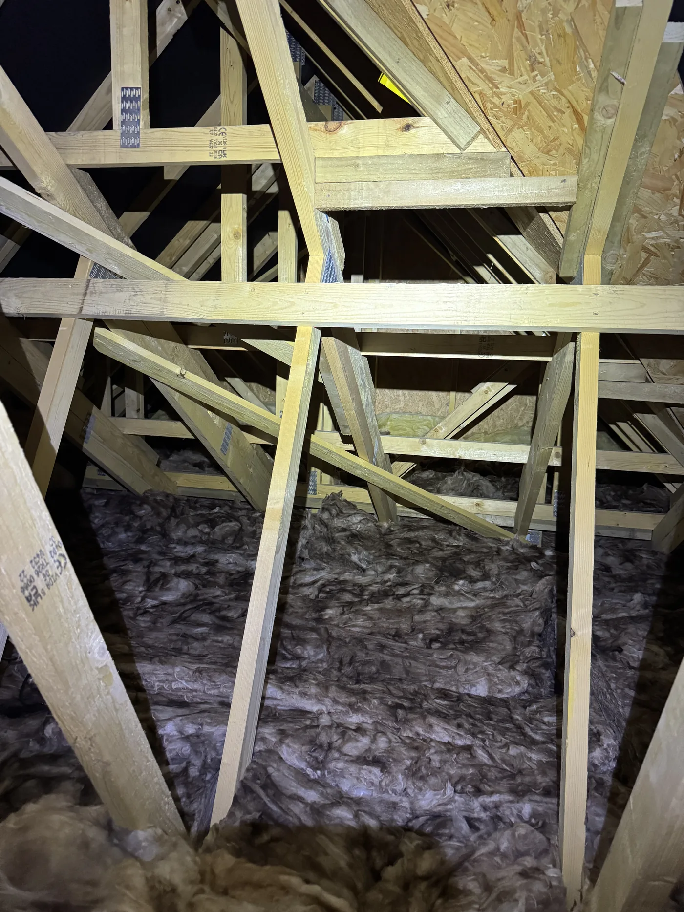 Roof trusses and loft insulation inspected within the loft space of a new build home